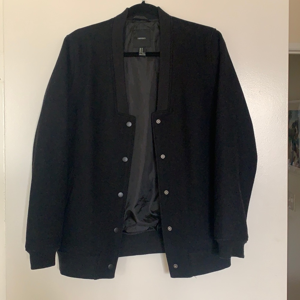 Forever 21 Black Wool Deep V Varsity Jacket Sz M